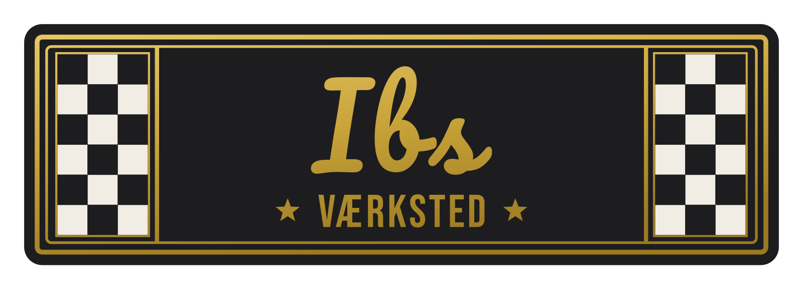 Sort retro banner med navnet Ibs i guld håndskrift og ternede flag i siderne